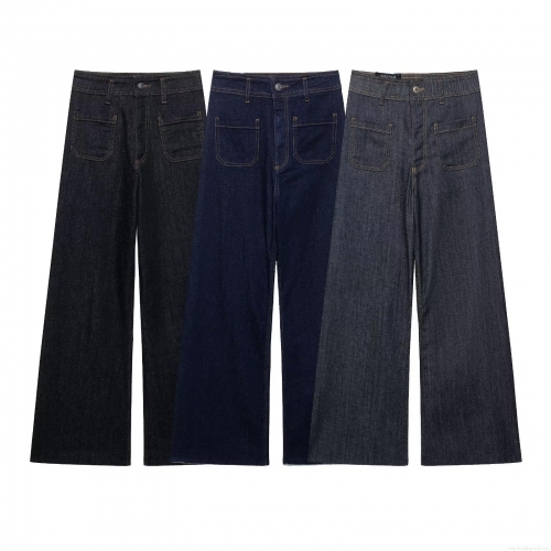 Women's High Waist Wide Leg Denim Jeans Fashion Casual Solid Straight Long Trousers With Pockets For Daily Wear Ladies Comfortable Pants