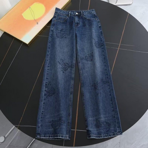 Women's Wide Leg Jeans Retro Rose Dark Pattern Rhinestone Cotton Denim Pants Casual Mid Waist Straight Long Trousers For Spring Summer