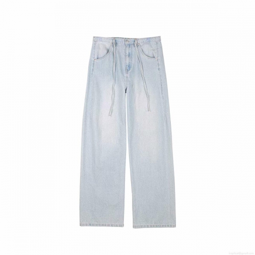 Women's High Waist Drawstring Jeans Casual Loose Straight Leg Denim Pants Light Blue Washed Cotton Blend Trousers Summer Fashion Streetwear For Ladies