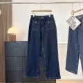 Women's Vintage High Waisted Wide Leg Denim Jeans Casual Loose Fit Straight Trousers With Double Pockets Retro Deep Blue Wash Denim Pants For Ladies