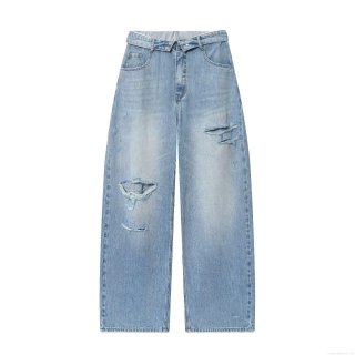 Women High Waist Fold-over Ripped Wide Leg Jeans Denim Polyester Spandex Distressed Pants Loose Straight Leg Water Washed Casual Trousers For Women