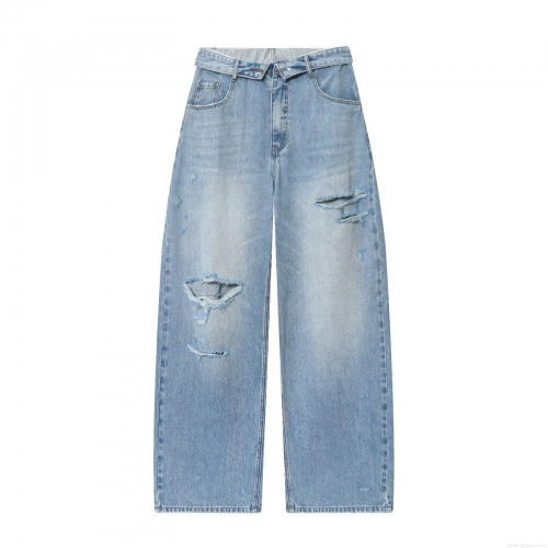 Women High Waist Fold-over Ripped Wide Leg Jeans Denim Polyester Spandex Distressed Pants Loose Straight Leg Water Washed Casual Trousers For Women