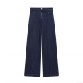 Women's High Waist Wide Leg Denim Jeans Retro Hot Girl Straight Cut Long Pants With Flap Pockets Vertical Seams Navy Blue Denim Blue