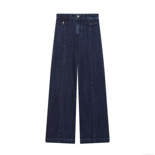 Women's High Waist Wide Leg Denim Jeans Retro Hot Girl Straight Cut Long Pants With Flap Pockets Vertical Seams Navy Blue Denim Blue