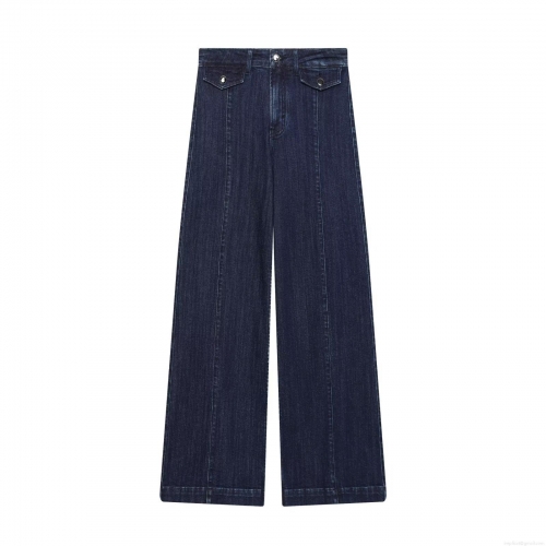 Women's High Waist Wide Leg Denim Jeans Retro Hot Girl Straight Cut Long Pants With Flap Pockets Vertical Seams Navy Blue Denim Blue