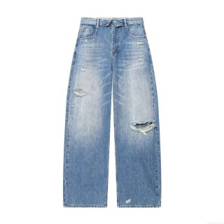 Women's High Waist Ripped Wide Leg Jeans Distressed Denim Straight Pants Mid Waist Folded Waist Design Streetwear Denim Trousers