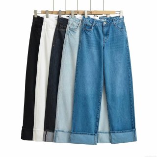 Women's High Waist Wide Leg Jeans Vintage Cuffed Hem Denim Straight Pants Fashion Casual Versatile Streetwear Trousers For Women All Seasons