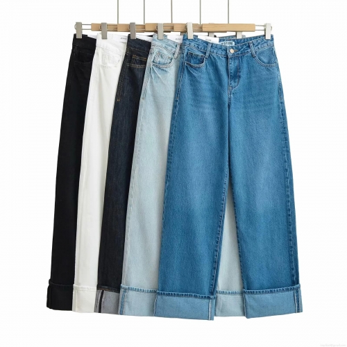 Women's High Waist Wide Leg Jeans Vintage Cuffed Hem Denim Straight Pants Fashion Casual Versatile Streetwear Trousers For Women All Seasons