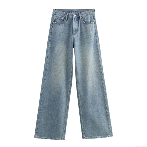 Women's High Waist Wide Leg Jeans Light Blue Washed Denim Pants Ripped Distressed Straight Trousers For Casual Streetwear Vintage Style