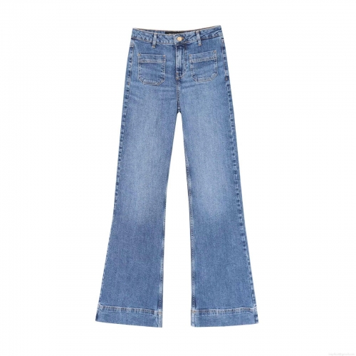 Women's High Waist Denim Jeans With Front Patch Pockets Flared Wide Leg Washed Cotton Blend Retro Casual Denim Trousers For Daily Streetwear