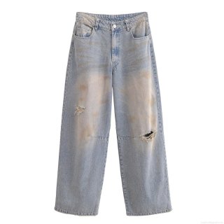 Women's High Waist Ripped Straight Leg Jeans Distressed Washed Light Blue Denim Pants Retro Streetwear Style Loose Fit Cotton Blend Trousers Women Clothing