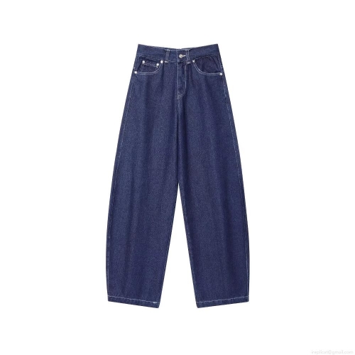 Women's Retro High Waisted Wide Leg Jeans Contrast Stitching Dark Blue Denim Loose Straight Trousers For Casual Streetwear Women