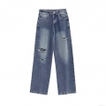 Women High Waisted Ripped Denim Jeans Distressed Straight Leg Washed Blue Casual Streetwear Denim Trousers For Women