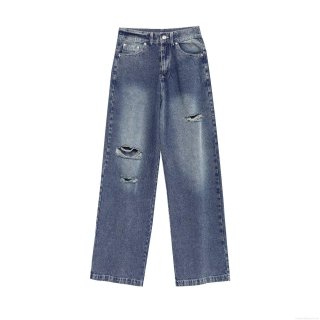 Women High Waisted Ripped Denim Jeans Distressed Straight Leg Washed Blue Casual Streetwear Denim Trousers For Women