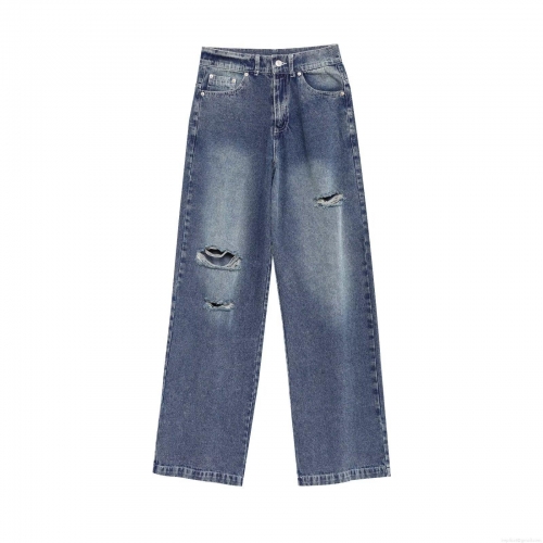 Women High Waisted Ripped Denim Jeans Distressed Straight Leg Washed Blue Casual Streetwear Denim Trousers For Women