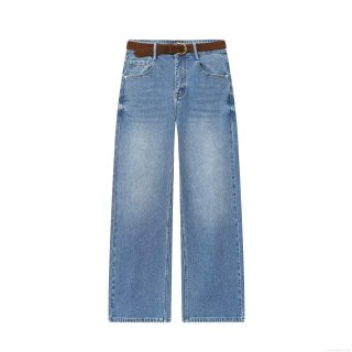 Women's Vintage Washed Blue High Waist Straight Leg Cropped Denim Jeans With Belt Casual Boho Seven-Point Denim Pants