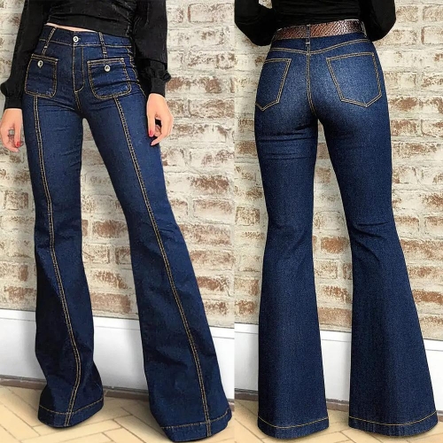 Women's Vintage High Waisted Micro Flare Jeans Slim Fit Denim Cotton Polyester Pants With Contrast Stitching Casual Streetwear Long Trousers