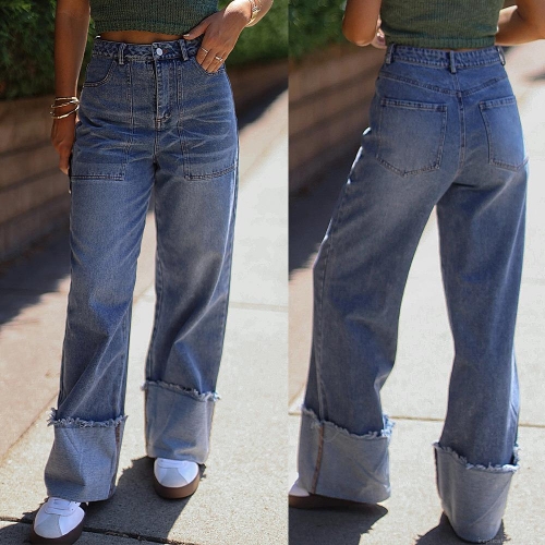 Women's High Waisted Wide Leg Jeans Retro Washed Denim Cotton Blend Cuffed Raw Hem Loose Casual Streetwear Trousers For Daily Street Wear
