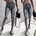 Women's High Waisted Ripped Skinny Jeans Multi Button Fly Distressed Denim Pencil Pants Grey Washed Slim Fit Stretchy Trousers Streetwear