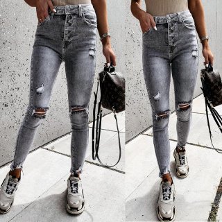 Women's High Waisted Ripped Skinny Jeans Multi Button Fly Distressed Denim Pencil Pants Grey Washed Slim Fit Stretchy Trousers Streetwear
