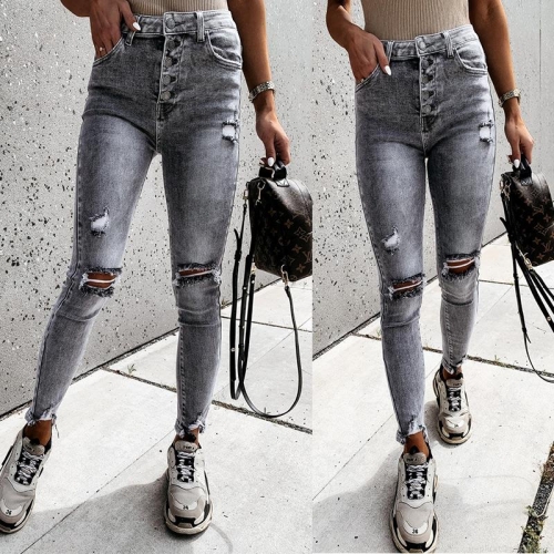 Women's High Waisted Ripped Skinny Jeans Multi Button Fly Distressed Denim Pencil Pants Grey Washed Slim Fit Stretchy Trousers Streetwear