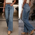 Women's Retro Washed High Waist Flare Jeans With Center Seam Detail Stretchy Cotton Denim Wide Leg Slimming Long Trousers For Casual Streetwear