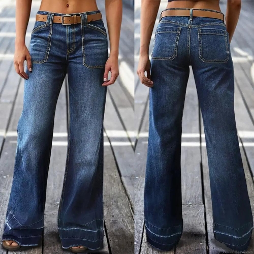 Women's Vintage Washed High Waist Wide Leg Jeans Distressed Cotton Polyester Denim Cargo Pants With Belt Loose Casual Streetwear Trousers Long Pants