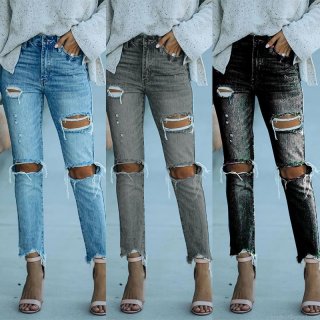 Women's High Waisted Ripped Straight Leg Denim Jeans Distressed Frayed Hem Cotton Blend Streetwear Casual Denim Long Pants