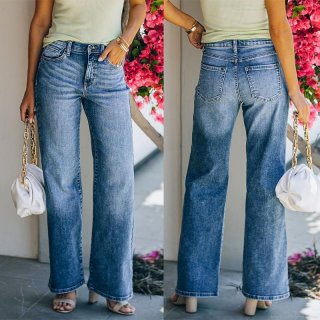 Women's High Waist Wide Leg Jeans Washed Cotton Denim Pants Loose Fit Straight Trousers For Casual Daily Streetwear Lady