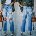 Women's High Waisted Ripped Distressed Straight Leg Jeans Cotton Blend Light Blue Washed Oversized Wide Leg Denim Pants Streetwear Fashion Long Trousers With Frayed Edges