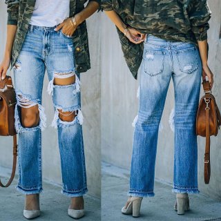 Women's High Waisted Ripped Distressed Straight Leg Jeans Cotton Blend Light Blue Washed Oversized Wide Leg Denim Pants Streetwear Fashion Long Trousers With Frayed Edges