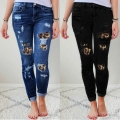 Women's Skinny Ripped Denim Jeans With Leopard Print Patch High Waist High Stretch Distressed Pencil Long Pants For Casual Streetwear Outfits