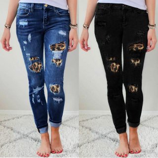 Women's Skinny Ripped Denim Jeans With Leopard Print Patch High Waist High Stretch Distressed Pencil Long Pants For Casual Streetwear Outfits