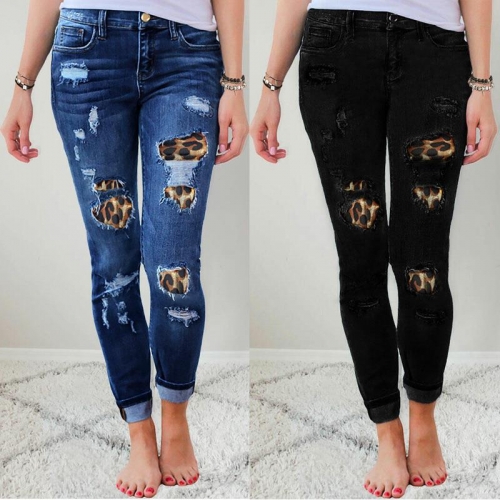 Women's Skinny Ripped Denim Jeans With Leopard Print Patch High Waist High Stretch Distressed Pencil Long Pants For Casual Streetwear Outfits