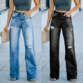 Women High Waisted Wide Leg Jeans Distressed Ripped Washed Denim Long Pants Fashion Casual Streetwear Denim Trousers For Ladies