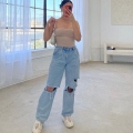 Women's Ripped Wide Leg Jeans High Waisted Distressed Denim Long Pants Streetwear Baggy Straight Trousers With Holes For Casual Daily Fashion Women