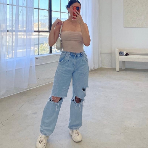 Women's Ripped Wide Leg Jeans High Waisted Distressed Denim Long Pants Streetwear Baggy Straight Trousers With Holes For Casual Daily Fashion Women