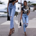 Women's High Waisted Ripped Skinny Jeans Distressed Slim Fit Denim Pants With Pockets Light Blue Stretchy Long Trousers For Streetwear Fashion Casual