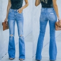 Women's High Waisted Ripped Flare Jeans American Style Cotton Polyester Blend Distressed Stretch Denim Micro Flare Slimming Long Blue Denim Pants