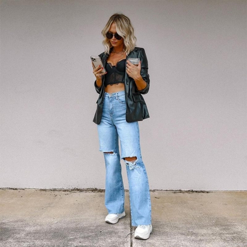 Women's High Waisted Ripped Wide Leg Jeans Cotton Denim Distressed Straight Pants With Frayed Hem Casual Streetwear Ladies Trousers