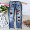 Women's Ripped Denim Jeans Blue Distressed Patchwork Red Plaid Straight Leg Long Pants Streetwear Fashion Trousers Casual Daily Wear Cotton Blend Denim