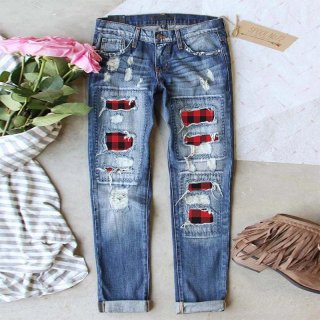 Women's Ripped Denim Jeans Blue Distressed Patchwork Red Plaid Straight Leg Long Pants Streetwear Fashion Trousers Casual Daily Wear Cotton Blend Denim
