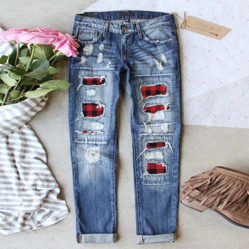 Women's Ripped Denim Jeans Blue Distressed Patchwork Red Plaid Straight Leg Long Pants Streetwear Fashion Trousers Casual Daily Wear Cotton Blend Denim
