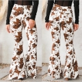 Women's High Waist Cow Print Flare Jeans Brown White Denim Bell Bottom Pants With Frayed Hem Casual Western Style Cowboy Trousers