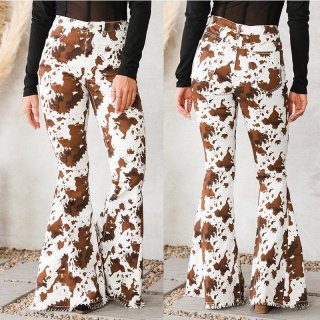 Women's High Waist Cow Print Flare Jeans Brown White Denim Bell Bottom Pants With Frayed Hem Casual Western Style Cowboy Trousers