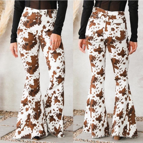 Women's High Waist Cow Print Flare Jeans Brown White Denim Bell Bottom Pants With Frayed Hem Casual Western Style Cowboy Trousers