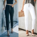 Women's High Waist Skinny Jeans Cotton Polyester Blend Stretch Denim Pants With 5-Button Fly Raw Hem Casual Slim Fit Trousers