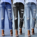 Women's High Stretch Ripped Denim Jeans Slim Fit Distressed Pencil Pants Fringed Hem Street Style Cotton Blend Solid Color Long Trousers
