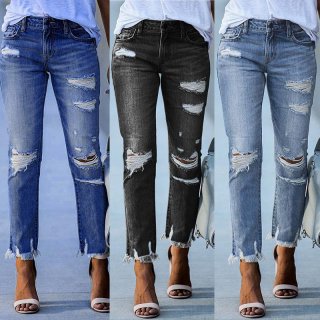 Women's High Stretch Ripped Denim Jeans Slim Fit Distressed Pencil Pants Fringed Hem Street Style Cotton Blend Solid Color Long Trousers