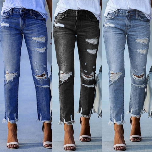 Women's High Stretch Ripped Denim Jeans Slim Fit Distressed Pencil Pants Fringed Hem Street Style Cotton Blend Solid Color Long Trousers